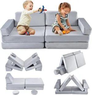10 Piece Montessori Modular Soft Play Set | Foam Building Blocks | Sofa Couch | Light Grey | 12m 