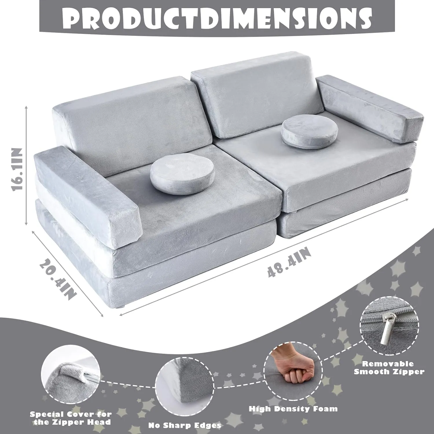 10 Piece Montessori Modular Soft Play Set | Foam Building Blocks | Sofa Couch | Light Grey | 12m 