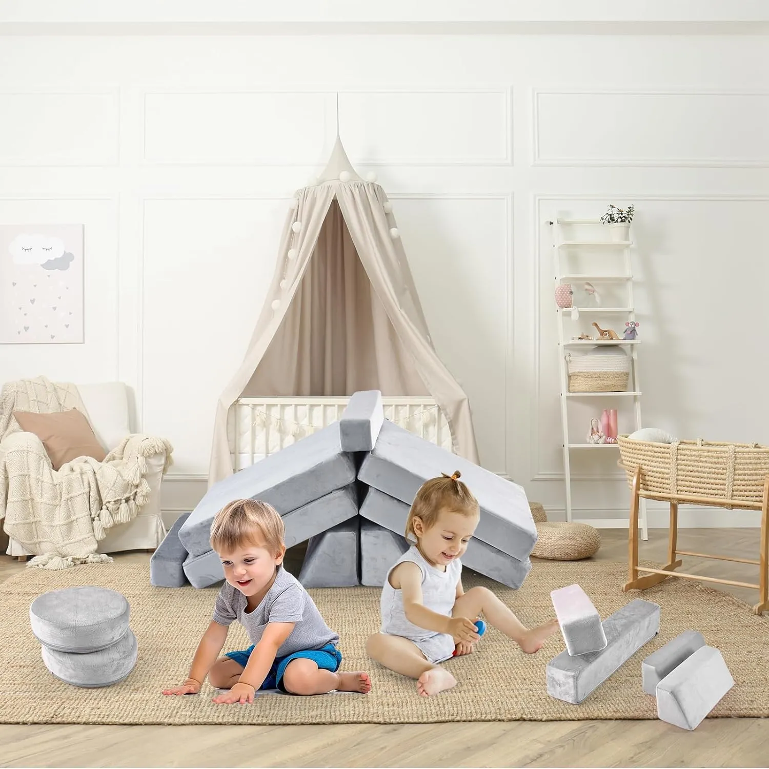 10 Piece Montessori Modular Soft Play Set | Foam Building Blocks | Sofa Couch | Light Grey | 12m 
