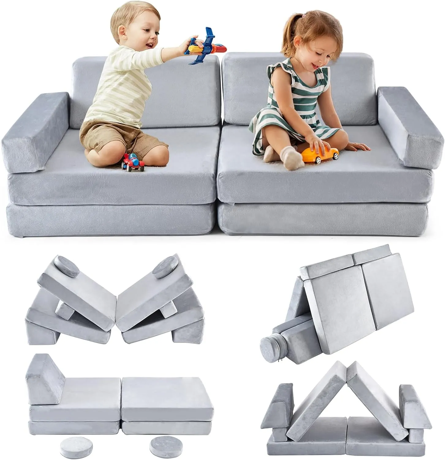 10 Piece Montessori Modular Soft Play Set | Foam Building Blocks | Sofa Couch | Light Grey | 12m 