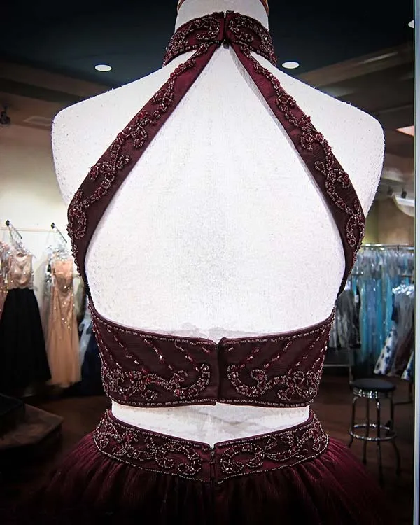 2018 Burgundy Two Piece Homecoming Dresses Beadings Stylish Short Tulle Prom Party Gowns