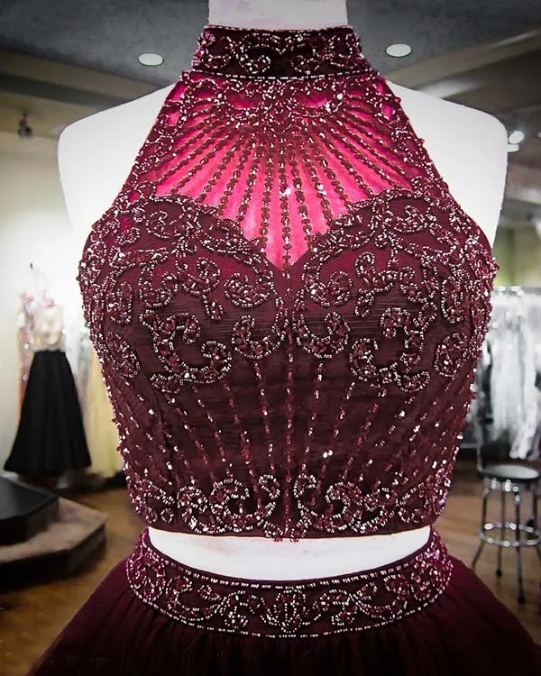 2018 Burgundy Two Piece Homecoming Dresses Beadings Stylish Short Tulle Prom Party Gowns