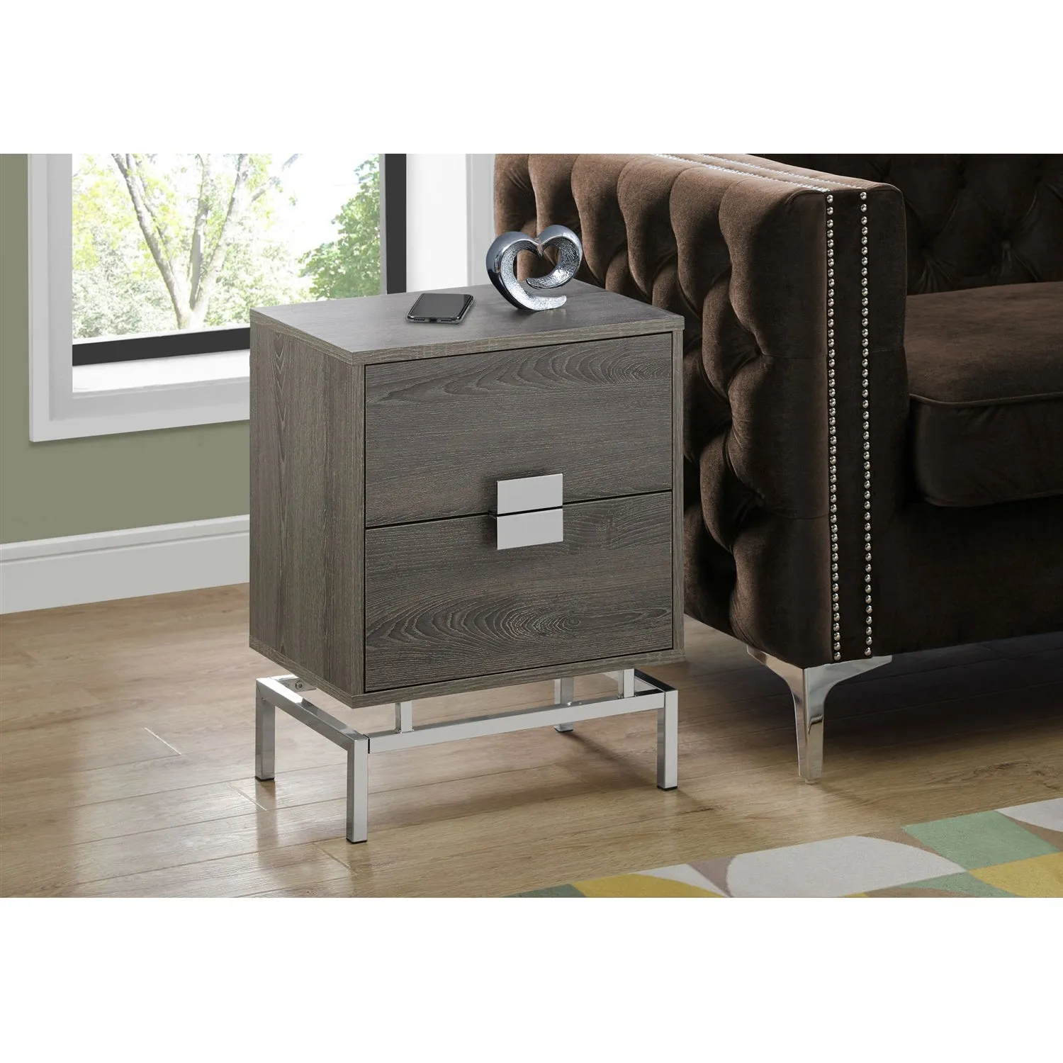 24in Modern 2 Drawer End Table Night Stand Wood Chrome Legs Dark Taupe