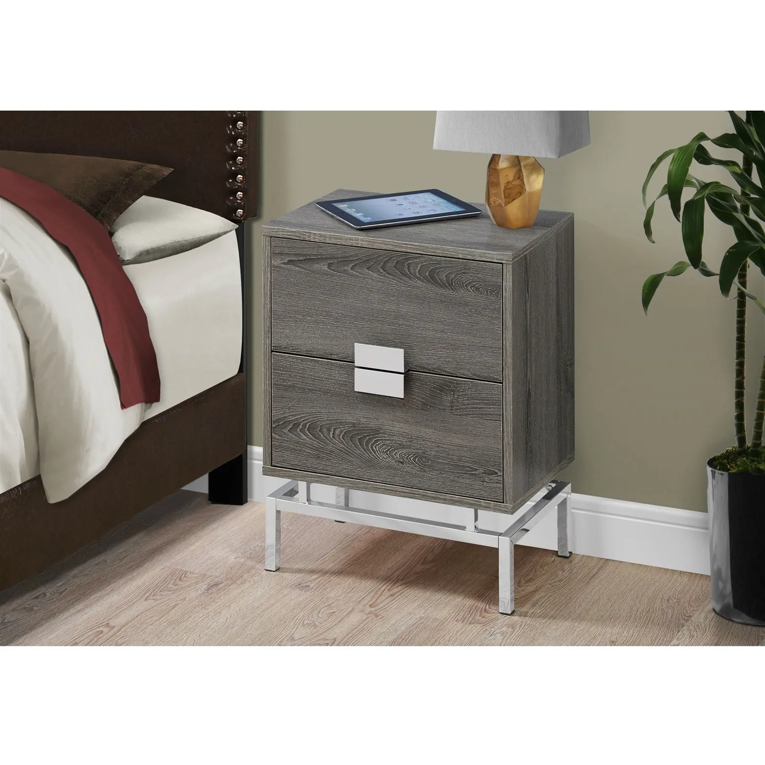 24in Modern 2 Drawer End Table Night Stand Wood Chrome Legs Dark Taupe
