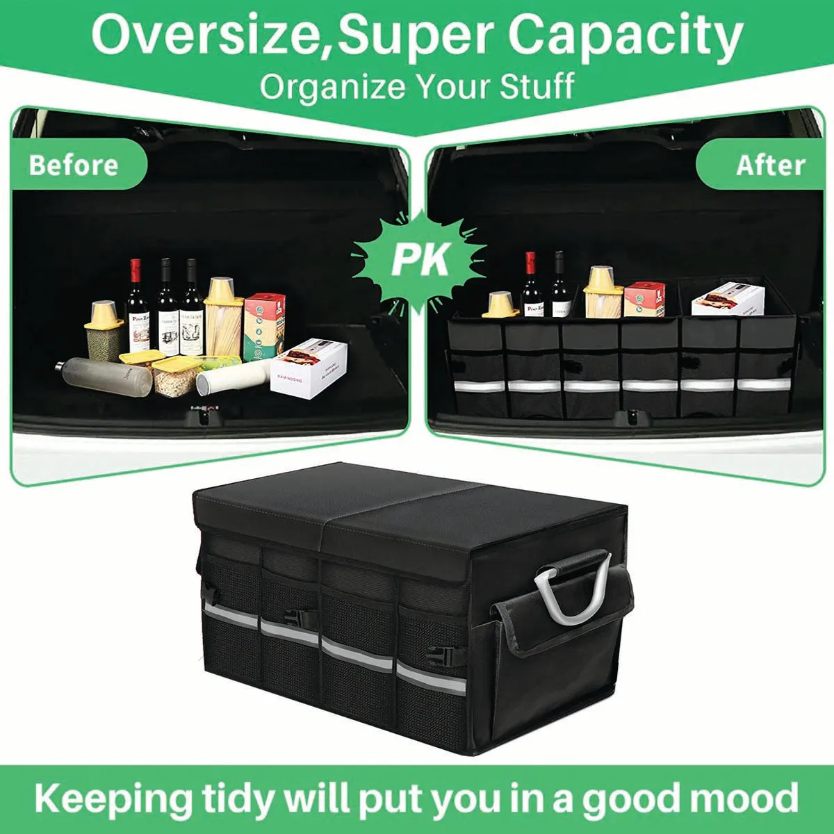 Big Trunk Organizer, Cargo Organizer SUV Trunk Storage Waterproof Collapsible Durable Multi Compartments LM12994