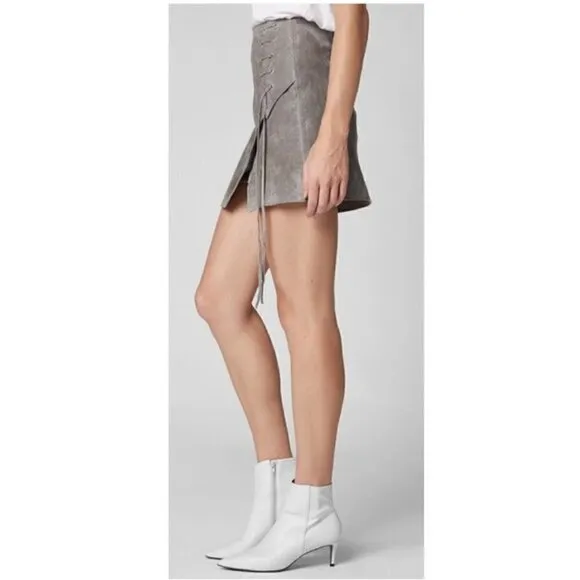 Blank NYC Mini Skirt 26 NWT Suede Genuine Leather Soft Fog Lace Up A-line Gray