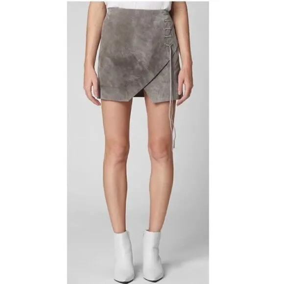 Blank NYC Mini Skirt 26 NWT Suede Genuine Leather Soft Fog Lace Up A-line Gray