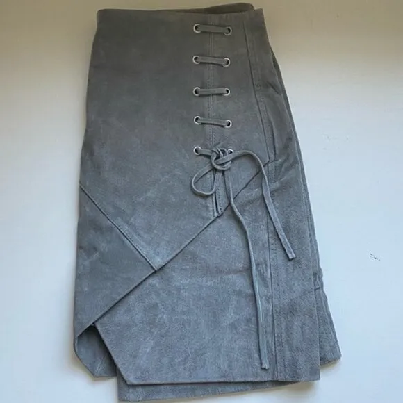 Blank NYC Mini Skirt 26 NWT Suede Genuine Leather Soft Fog Lace Up A-line Gray
