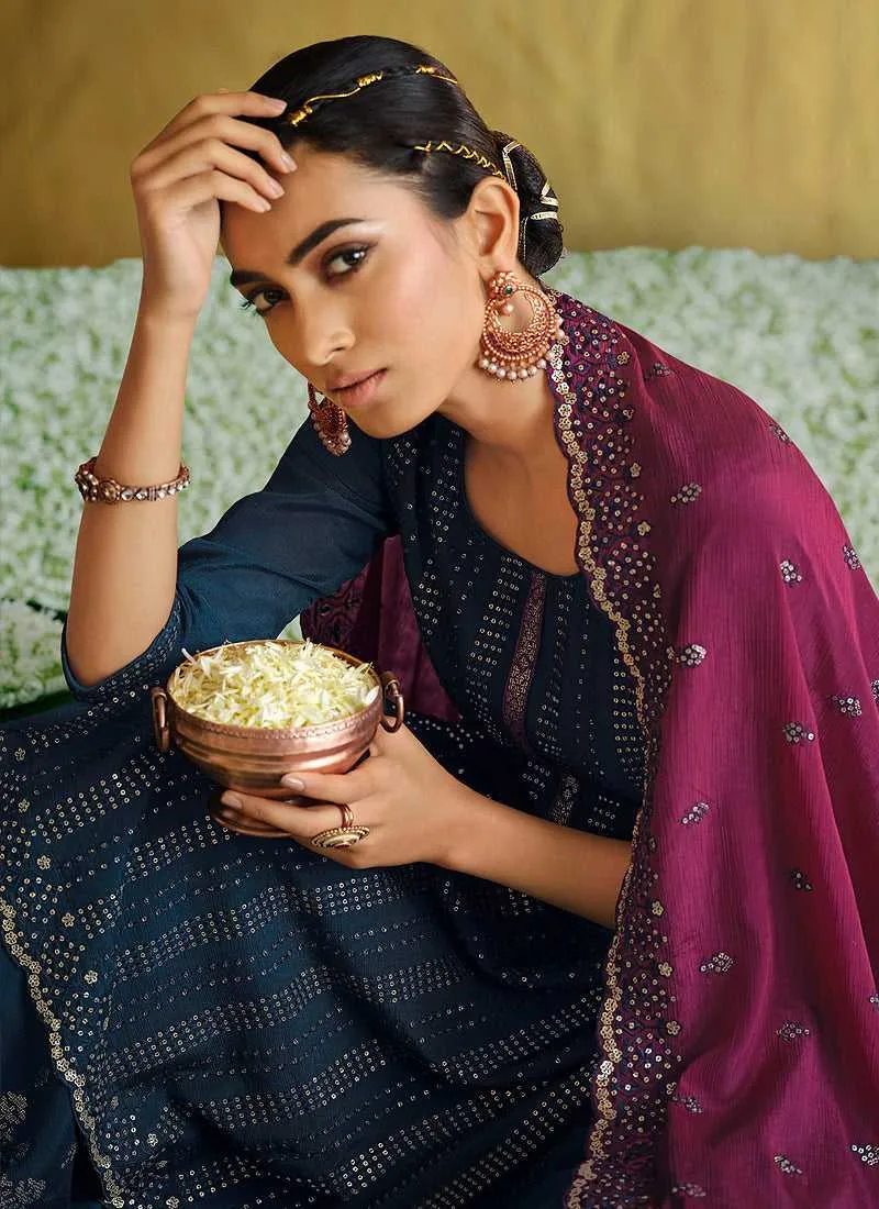 Blue and Pink Embroidered Stylish Palazzo Style Suit