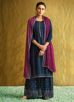 Blue and Pink Embroidered Stylish Palazzo Style Suit