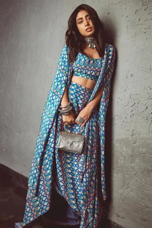 BLUE GEO PRINT DRAPE SKIRT, BUSTIER AND CAPE SET