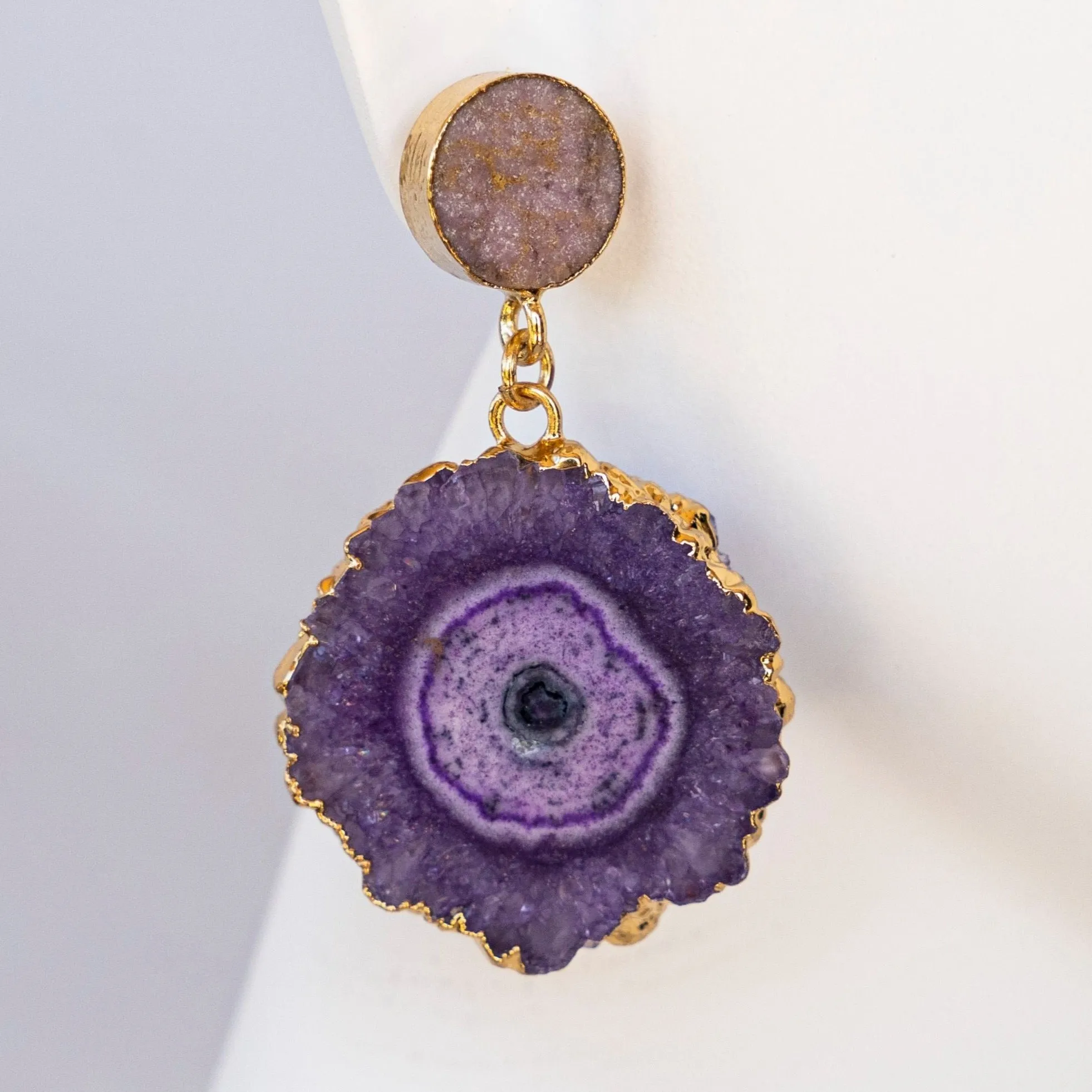 Boho & Mala Purple Circle Solar Quartz Gold Earrings CR10029