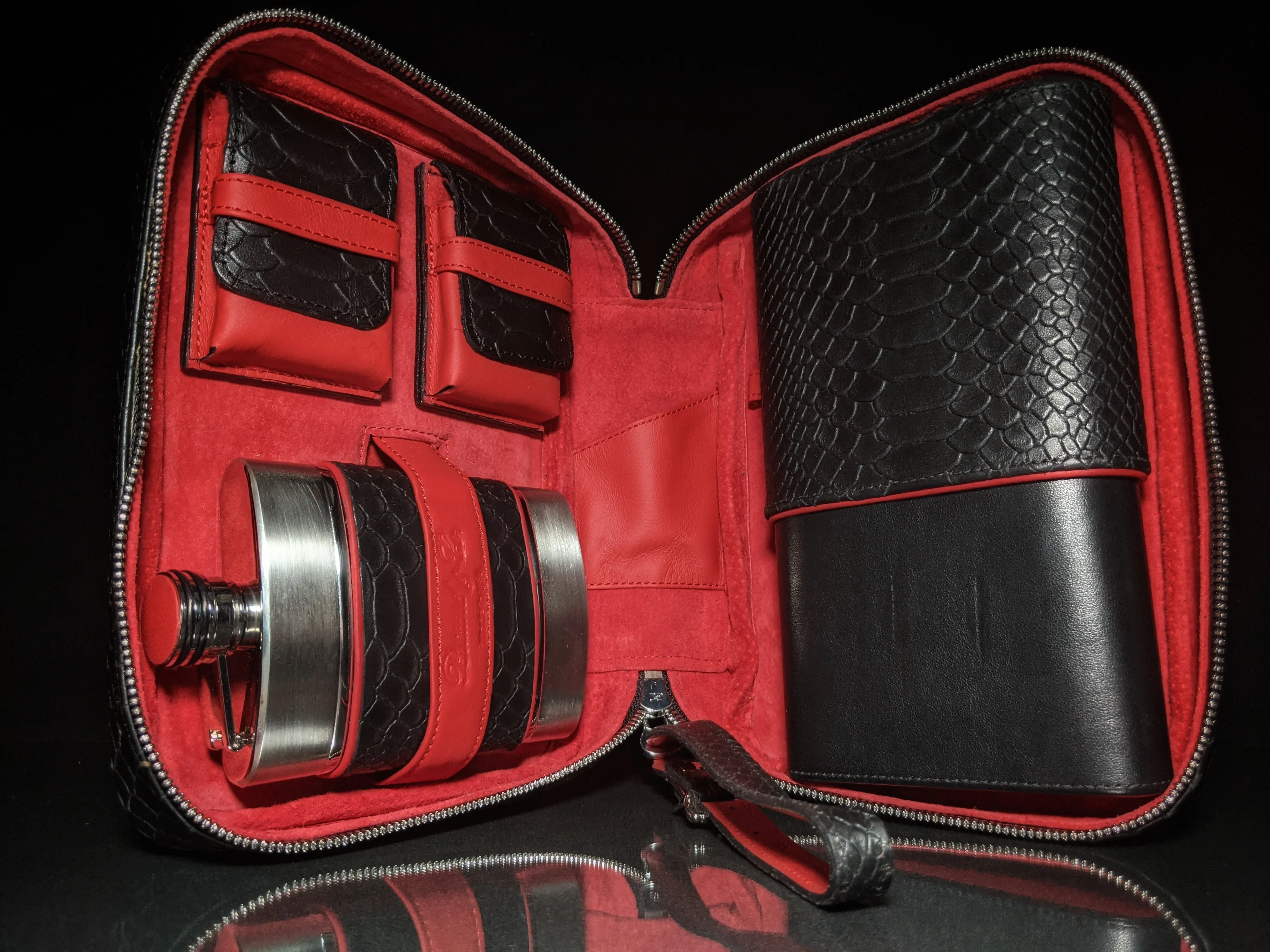 Brizard and Co Havana Traveler in Black Python Pattern and Red Leather