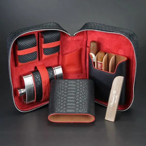 Brizard and Co Havana Traveler in Black Python Pattern and Red Leather