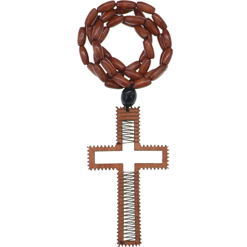 Brown Beaded Woven Cross Necklace