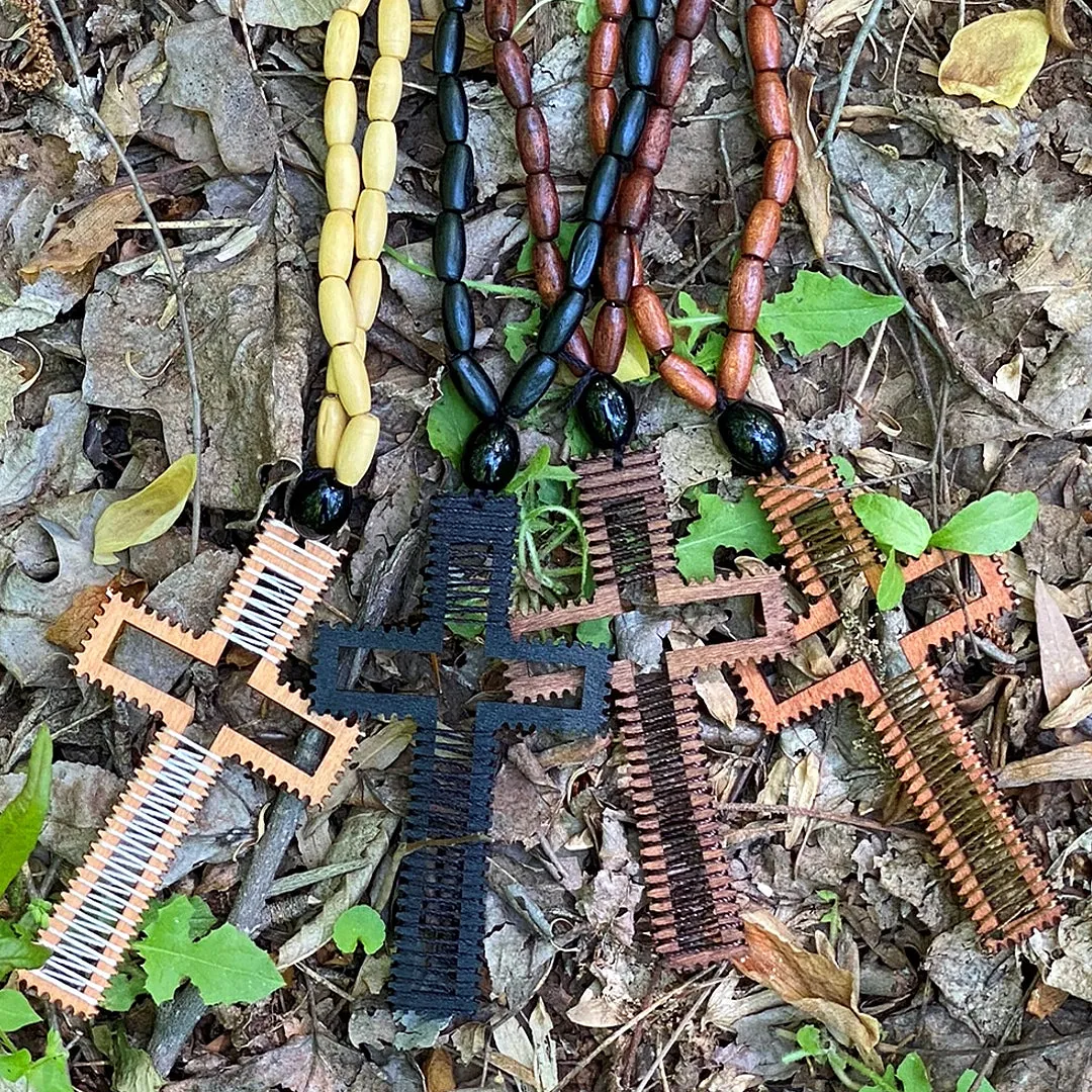 Brown Beaded Woven Cross Necklace