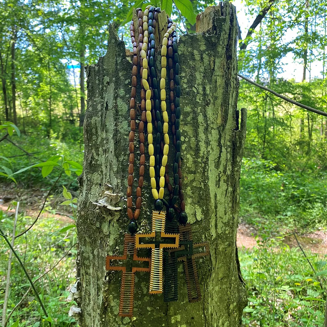 Brown Beaded Woven Cross Necklace