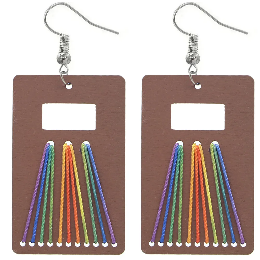 Brown Woven Wooden Rectangle Earrings