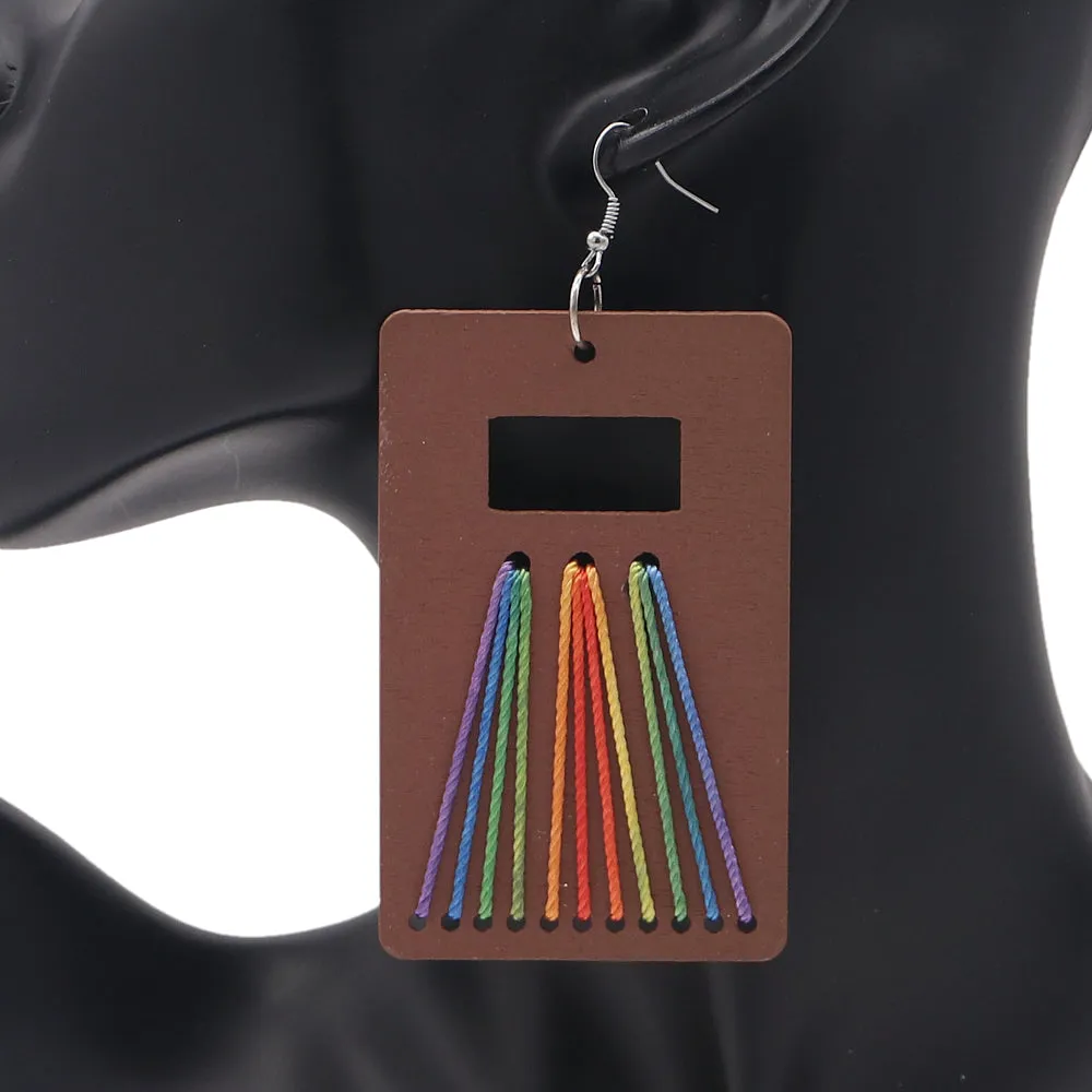 Brown Woven Wooden Rectangle Earrings