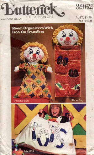 Butterick 3962 Kids Novelty Clown Pajama Shoe & Toy Bags with Iron On Face Transfers 1970s Vintage Sewing Pattern