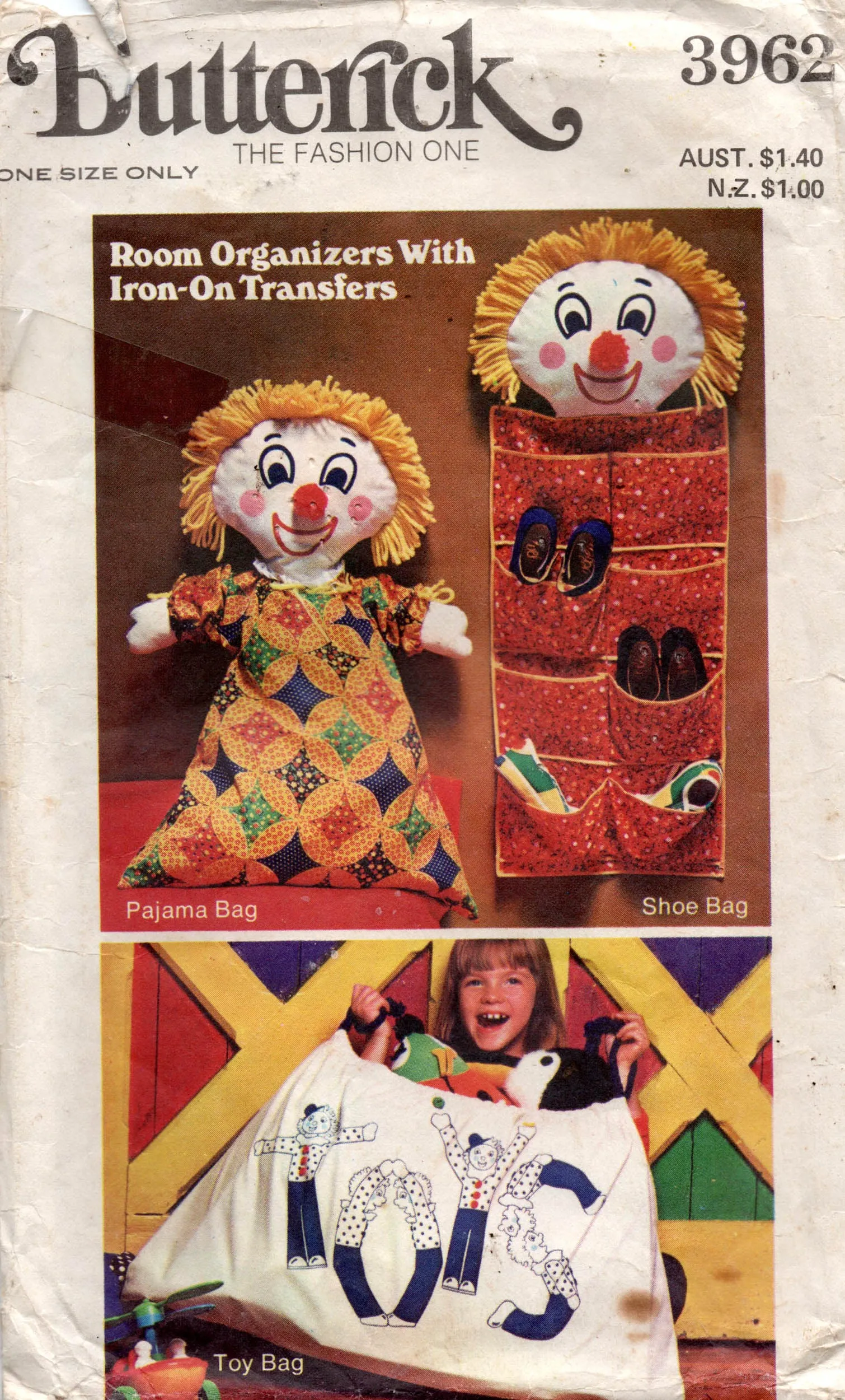 Butterick 3962 Kids Novelty Clown Pajama Shoe & Toy Bags with Iron On Face Transfers 1970s Vintage Sewing Pattern