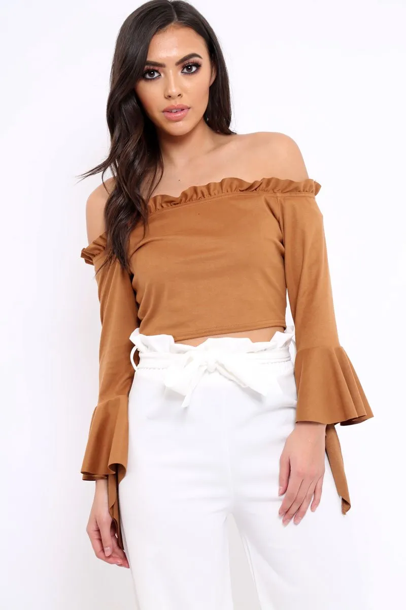 Camel Faux Suede Bardot Frill Crop Top with Flared Sleeves - Tiffy