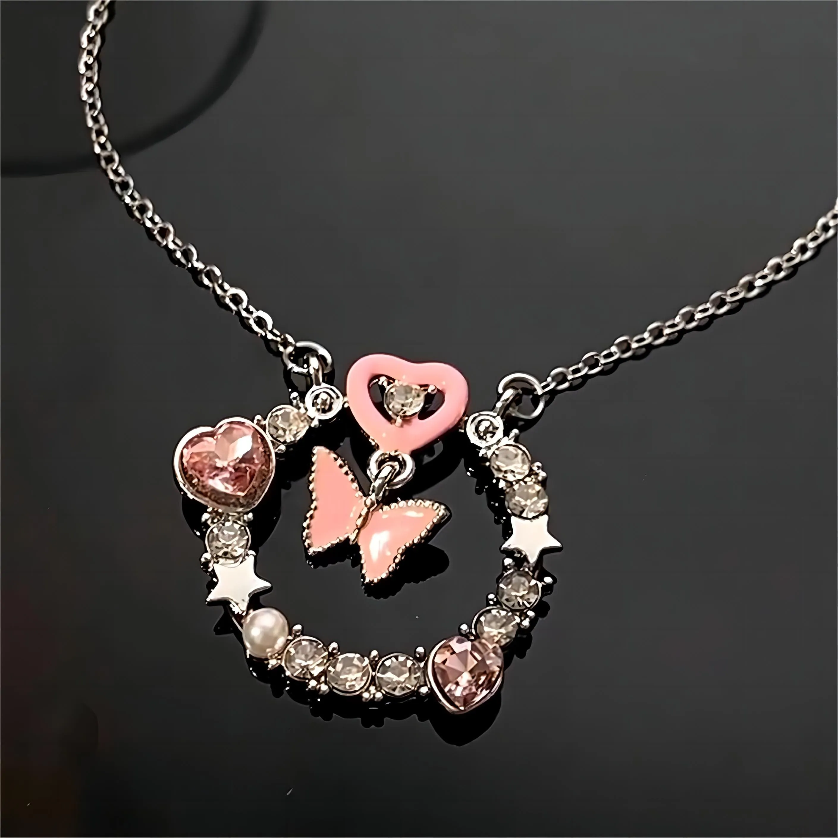 Chic CZ Inlaid Enamel Butterfly Heart Ring Necklace