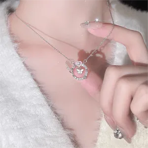 Chic CZ Inlaid Enamel Butterfly Heart Ring Necklace