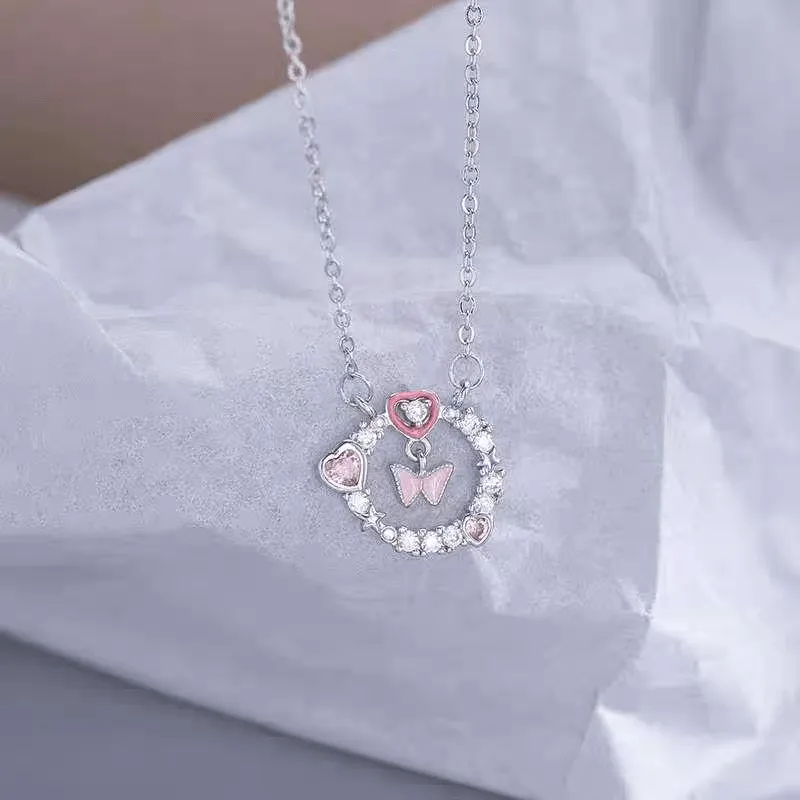 Chic CZ Inlaid Enamel Butterfly Heart Ring Necklace