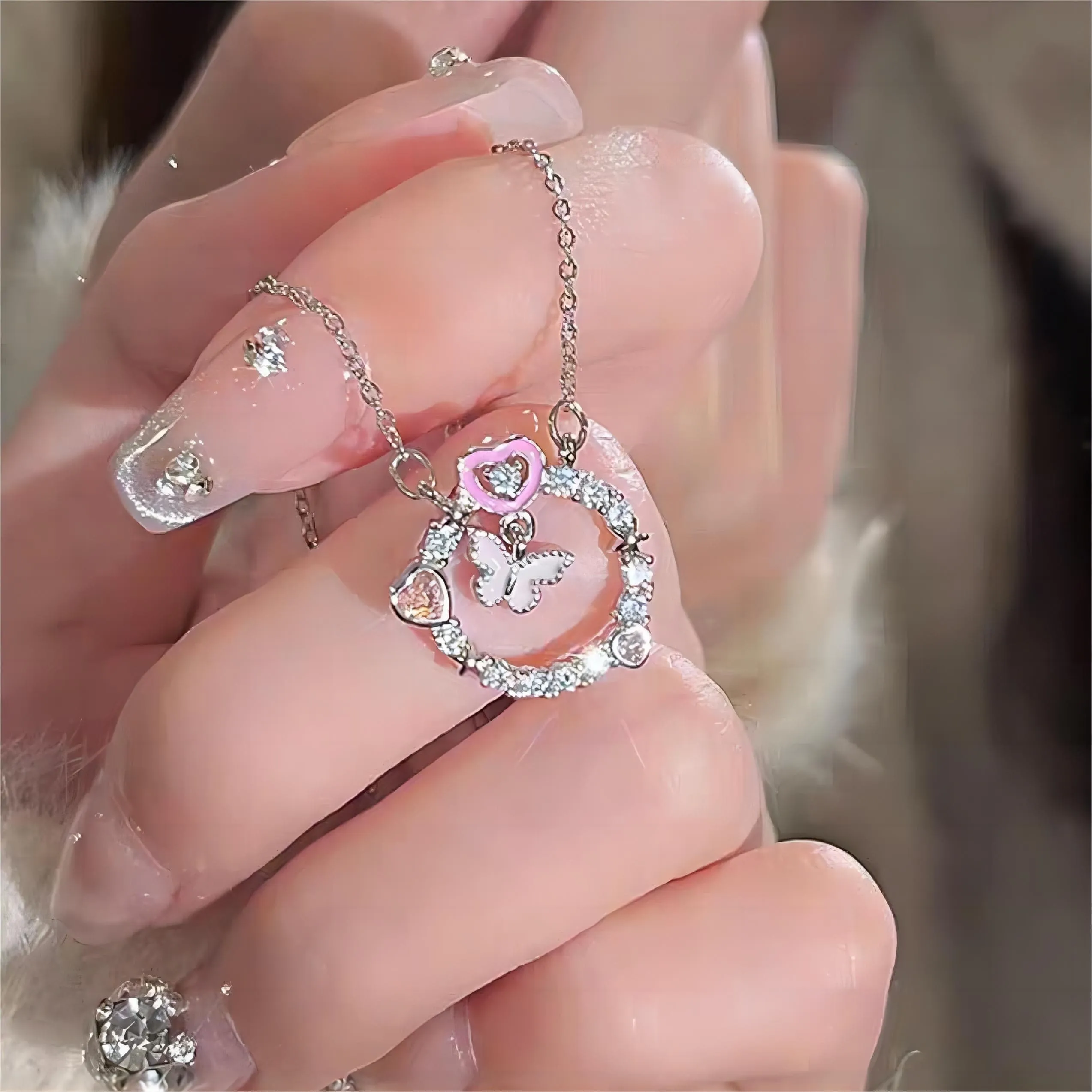 Chic CZ Inlaid Enamel Butterfly Heart Ring Necklace
