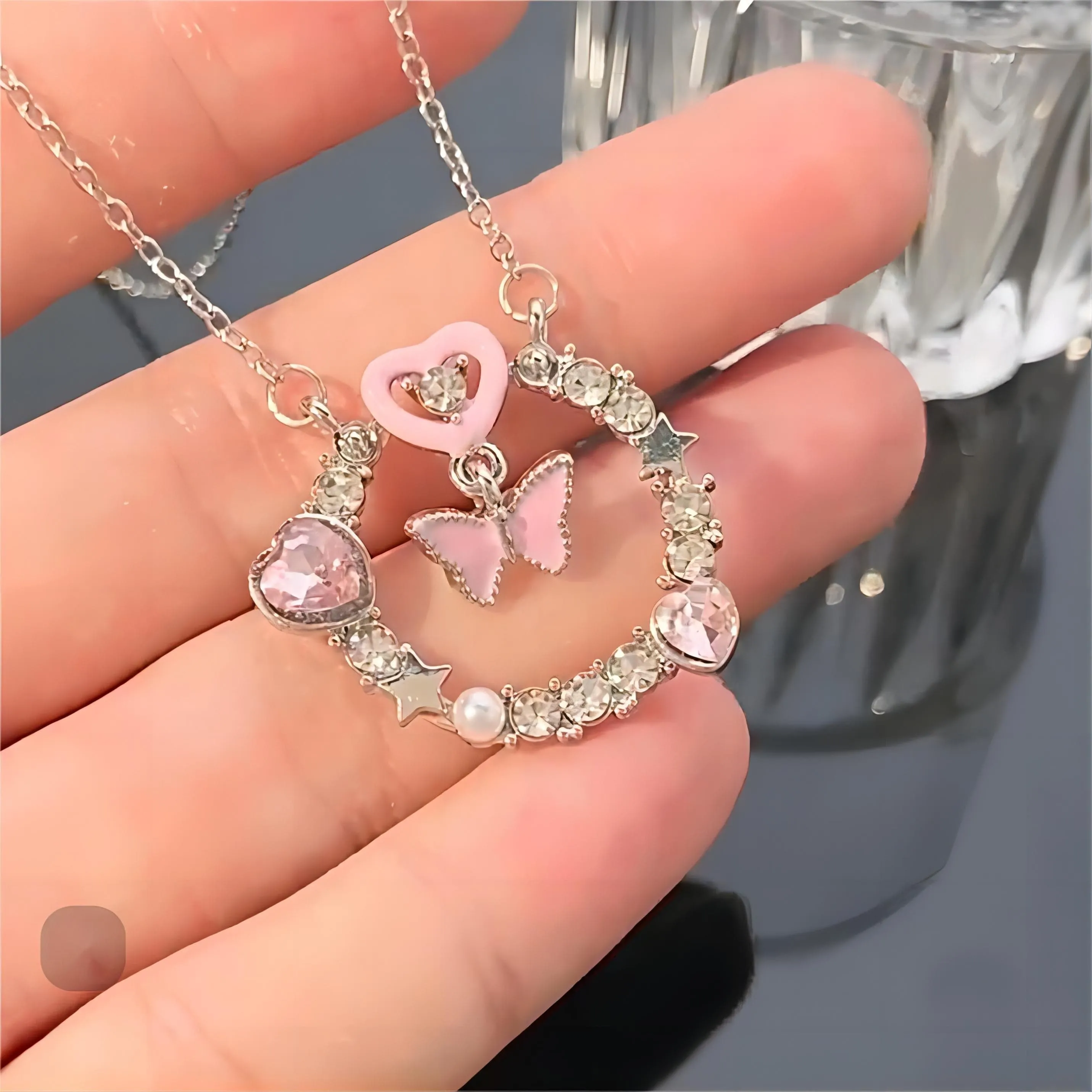 Chic CZ Inlaid Enamel Butterfly Heart Ring Necklace