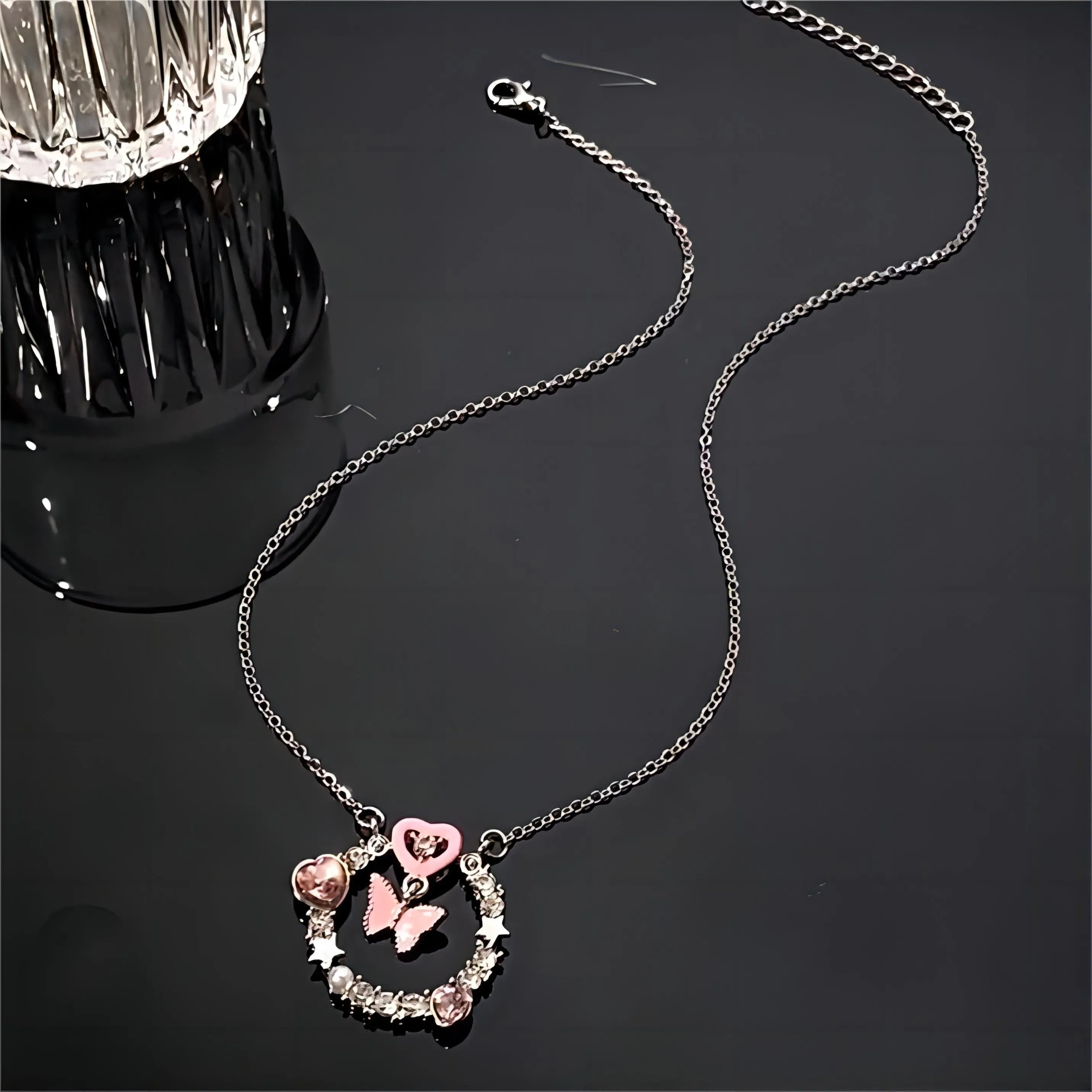 Chic CZ Inlaid Enamel Butterfly Heart Ring Necklace