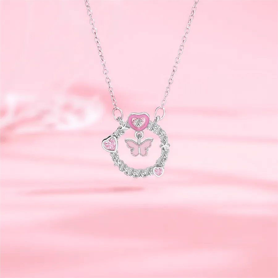 Chic CZ Inlaid Enamel Butterfly Heart Ring Necklace