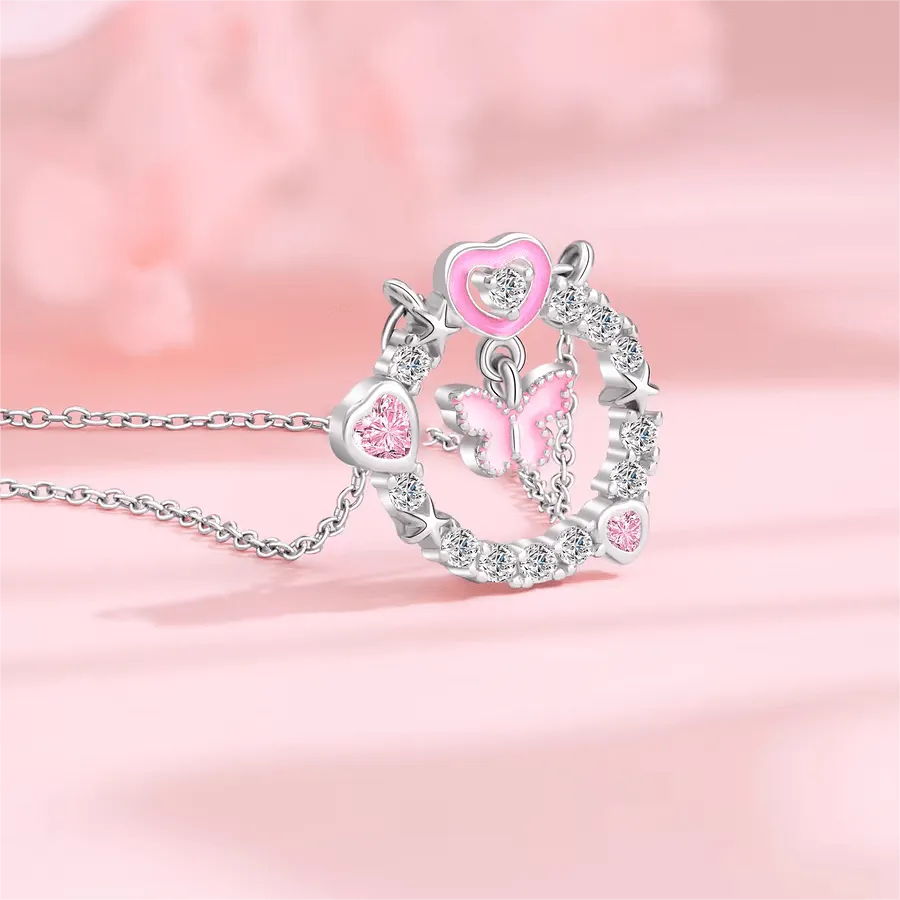 Chic CZ Inlaid Enamel Butterfly Heart Ring Necklace