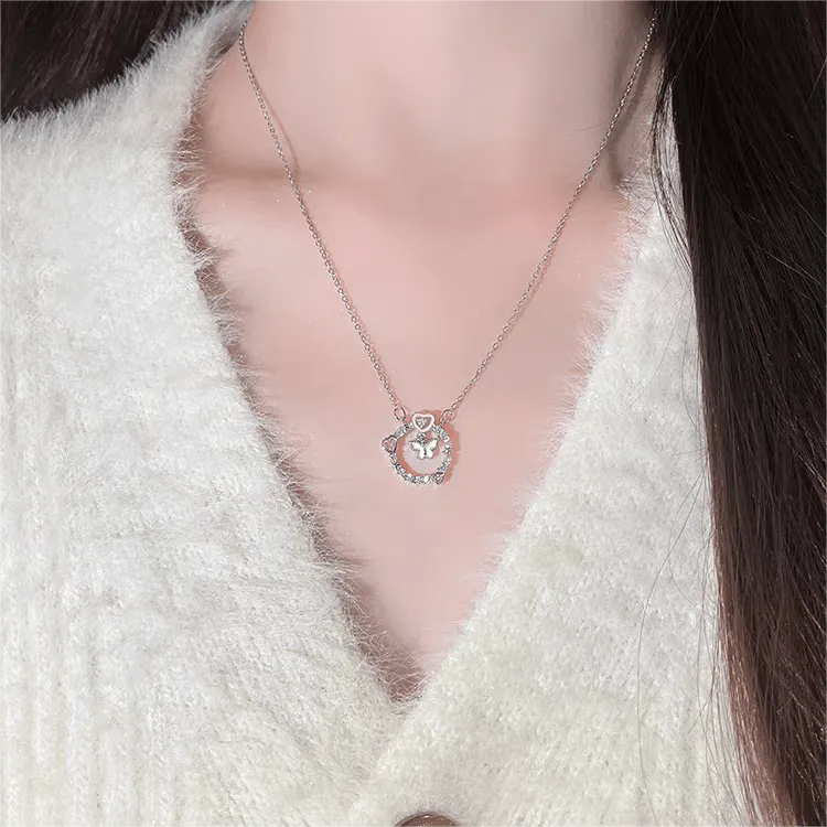 Chic CZ Inlaid Enamel Butterfly Heart Ring Necklace