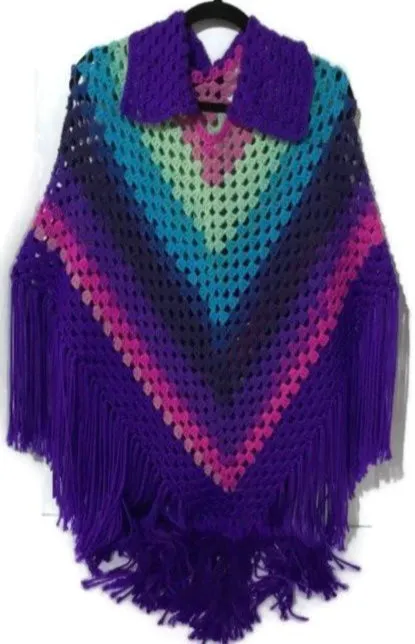 Collared crochet poncho, woman's size, purple acrylic yarn, autumn wear, handmade, The shades of purple poncho, hippie style, gift for her