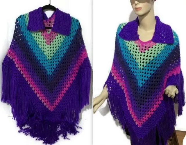 Collared crochet poncho, woman's size, purple acrylic yarn, autumn wear, handmade, The shades of purple poncho, hippie style, gift for her