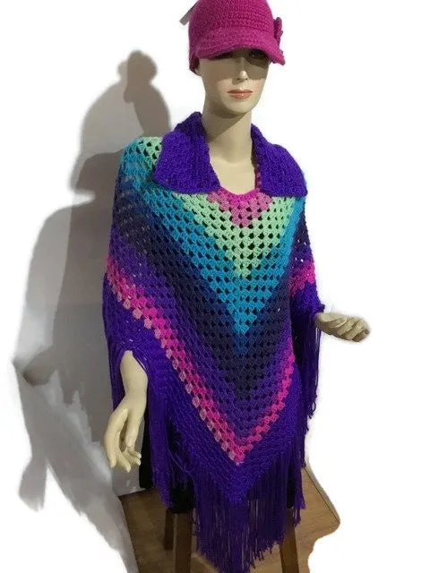 Collared crochet poncho, woman's size, purple acrylic yarn, autumn wear, handmade, The shades of purple poncho, hippie style, gift for her