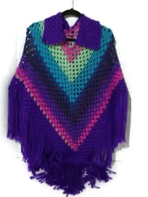 Collared crochet poncho, woman's size, purple acrylic yarn, autumn wear, handmade, The shades of purple poncho, hippie style, gift for her