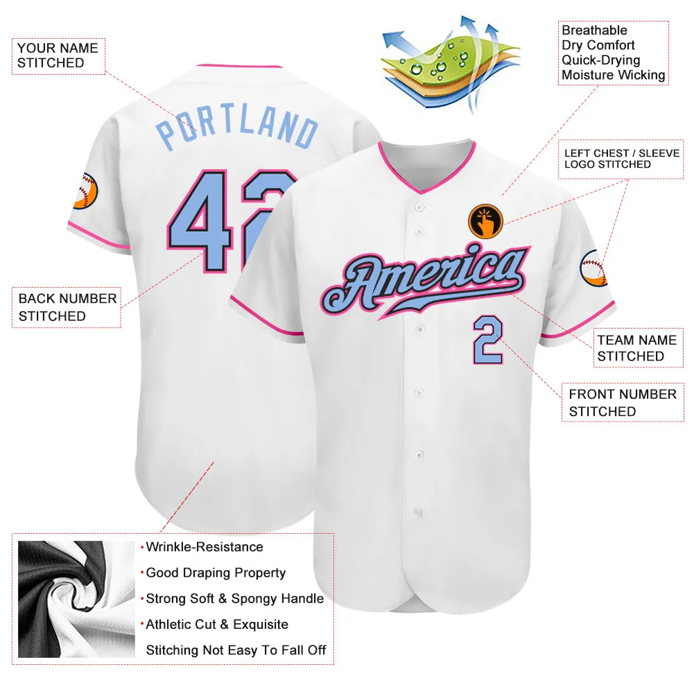 Custom White Light Blue Black-Pink Authentic Baseball Jersey