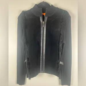 Cynthia Steffe Leather Suede Sweater Jacket Fur Cotton Ribbed Black Full Zip NWT