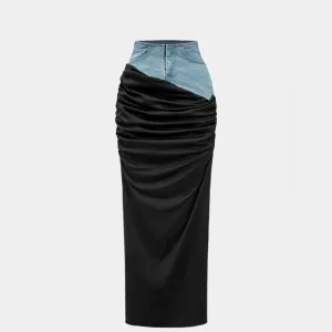 Denim Patchwork Color Block Ruched Zipper Skirt