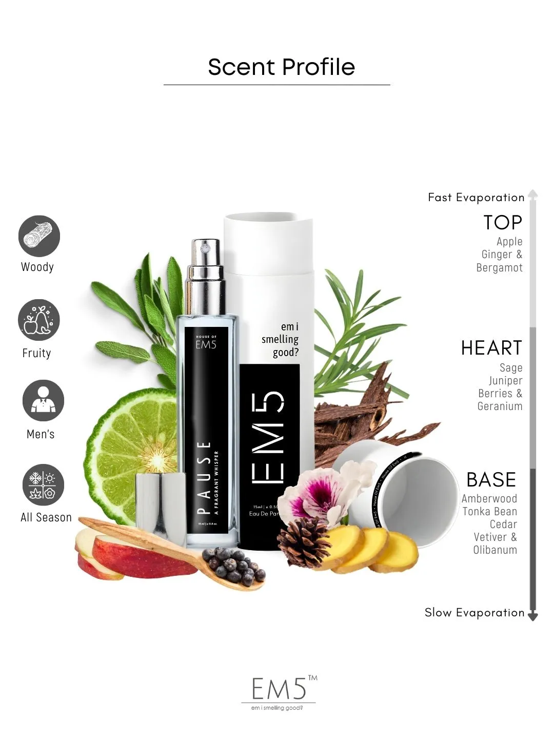 EM5™ Pause Perfume EDP Spray for Men | Aromatic Fresh Amber Fragrance Accords | Luxury Gift for Him | Variants Available: 50 ml Spray / 15 ml Spray