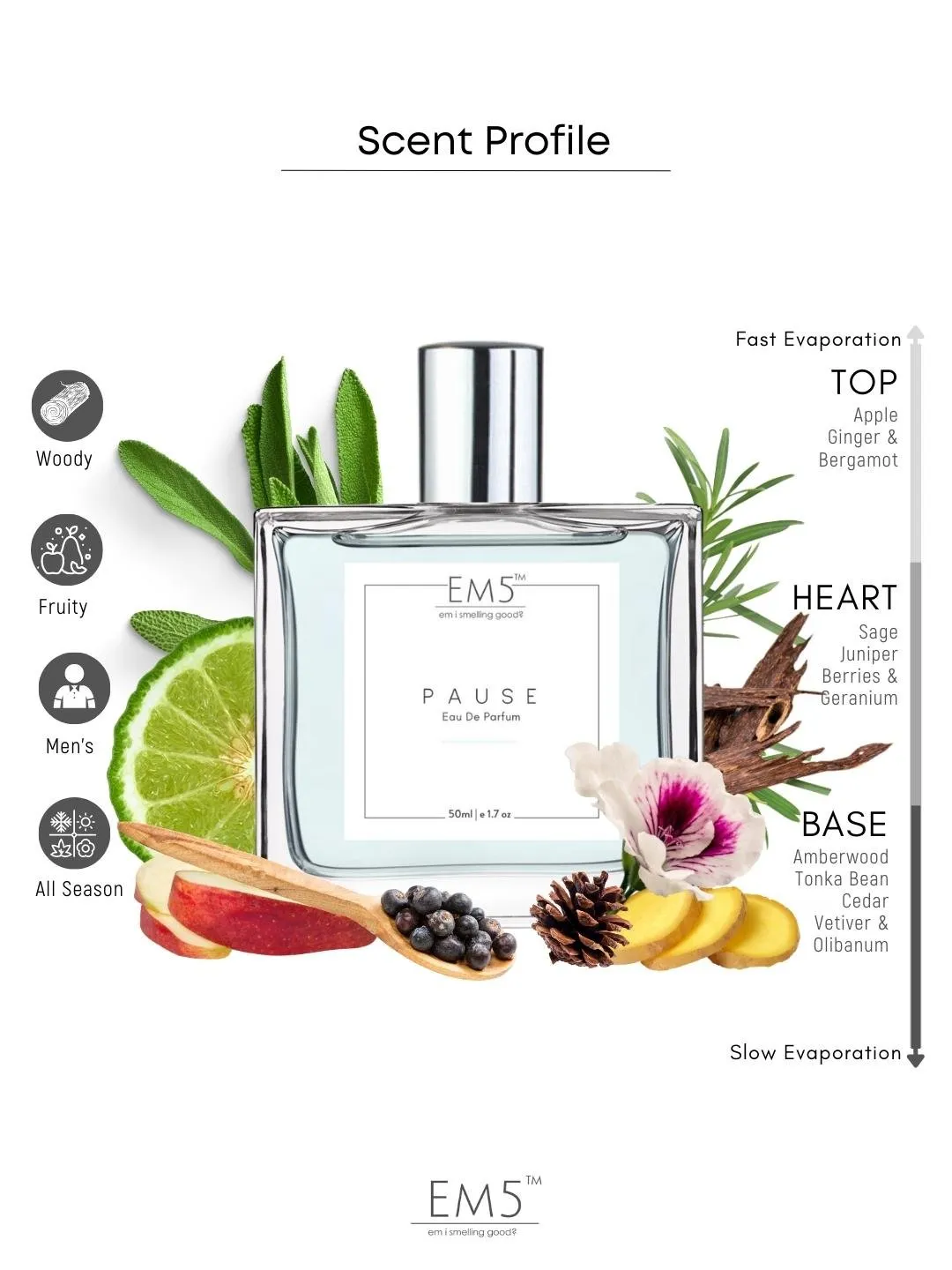EM5™ Pause Perfume EDP Spray for Men | Aromatic Fresh Amber Fragrance Accords | Luxury Gift for Him | Variants Available: 50 ml Spray / 15 ml Spray