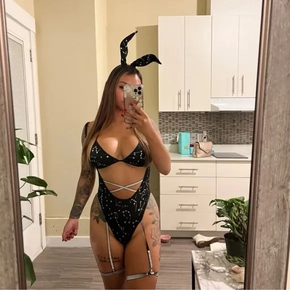 Festival Rave Easter Bunny Black Galaxy Star Bodysuit Outfit