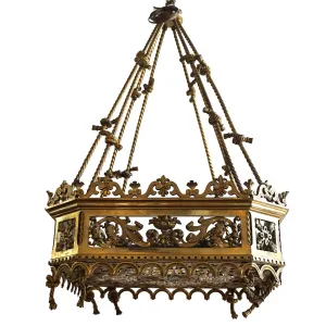 Fine Large French Gold Gilt Bronze and Beaded Hanging Eight-Light Pendant Light