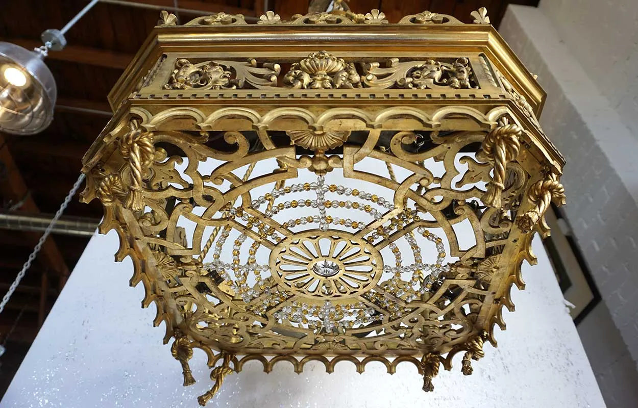 Fine Large French Gold Gilt Bronze and Beaded Hanging Eight-Light Pendant Light