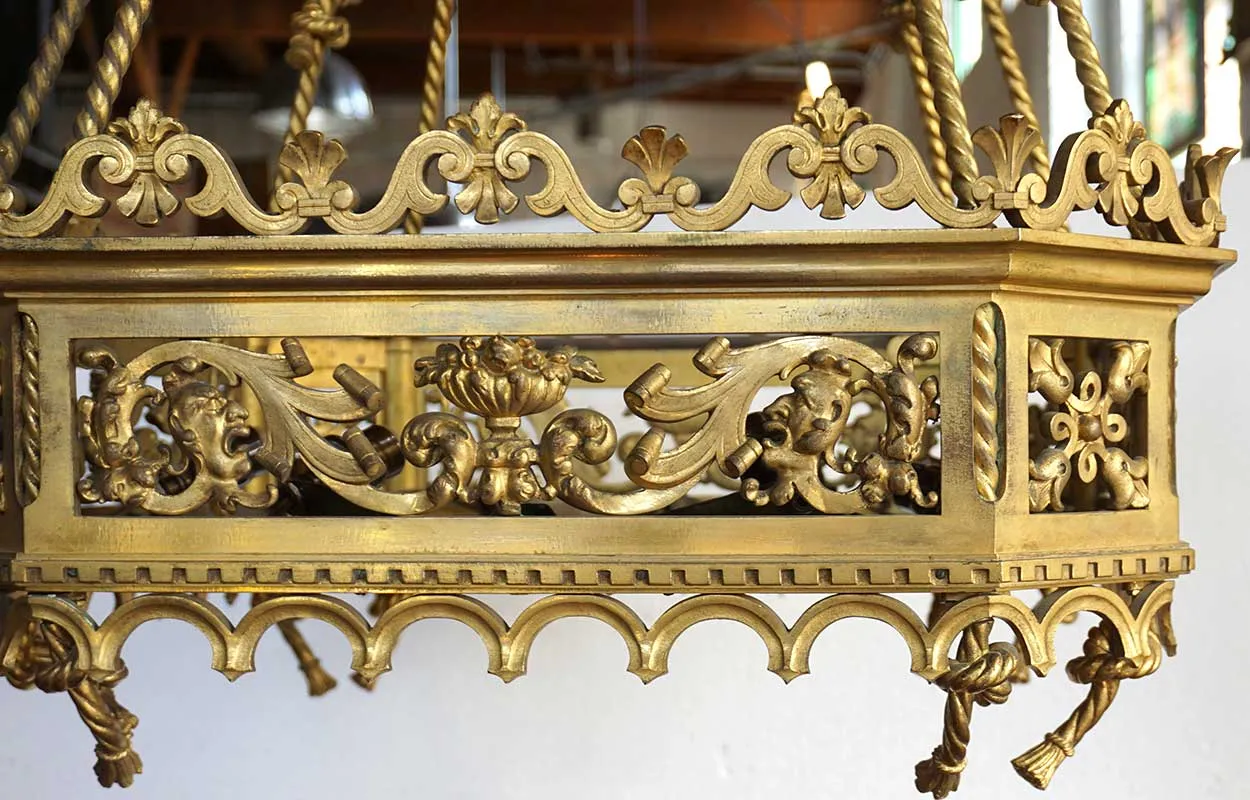 Fine Large French Gold Gilt Bronze and Beaded Hanging Eight-Light Pendant Light