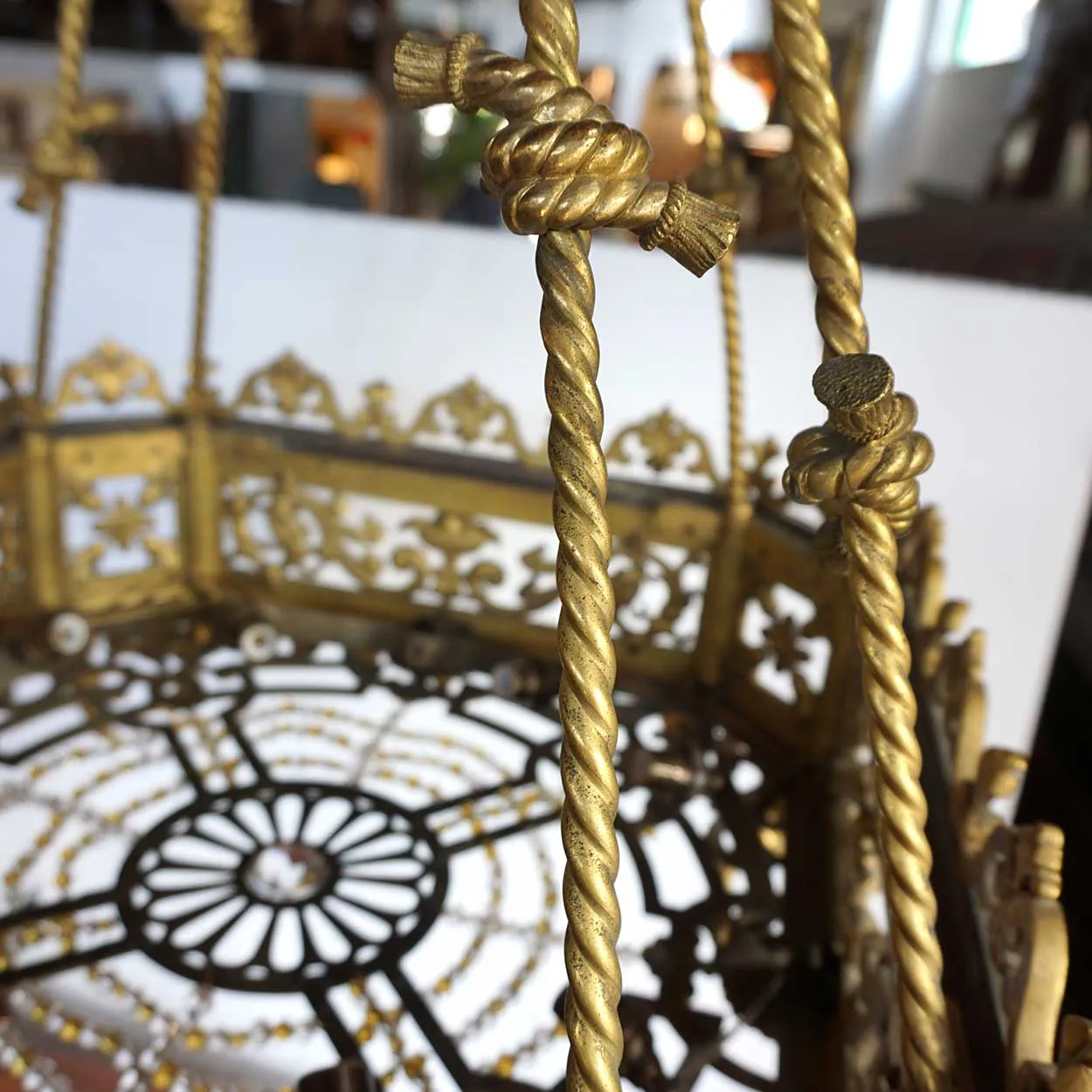 Fine Large French Gold Gilt Bronze and Beaded Hanging Eight-Light Pendant Light