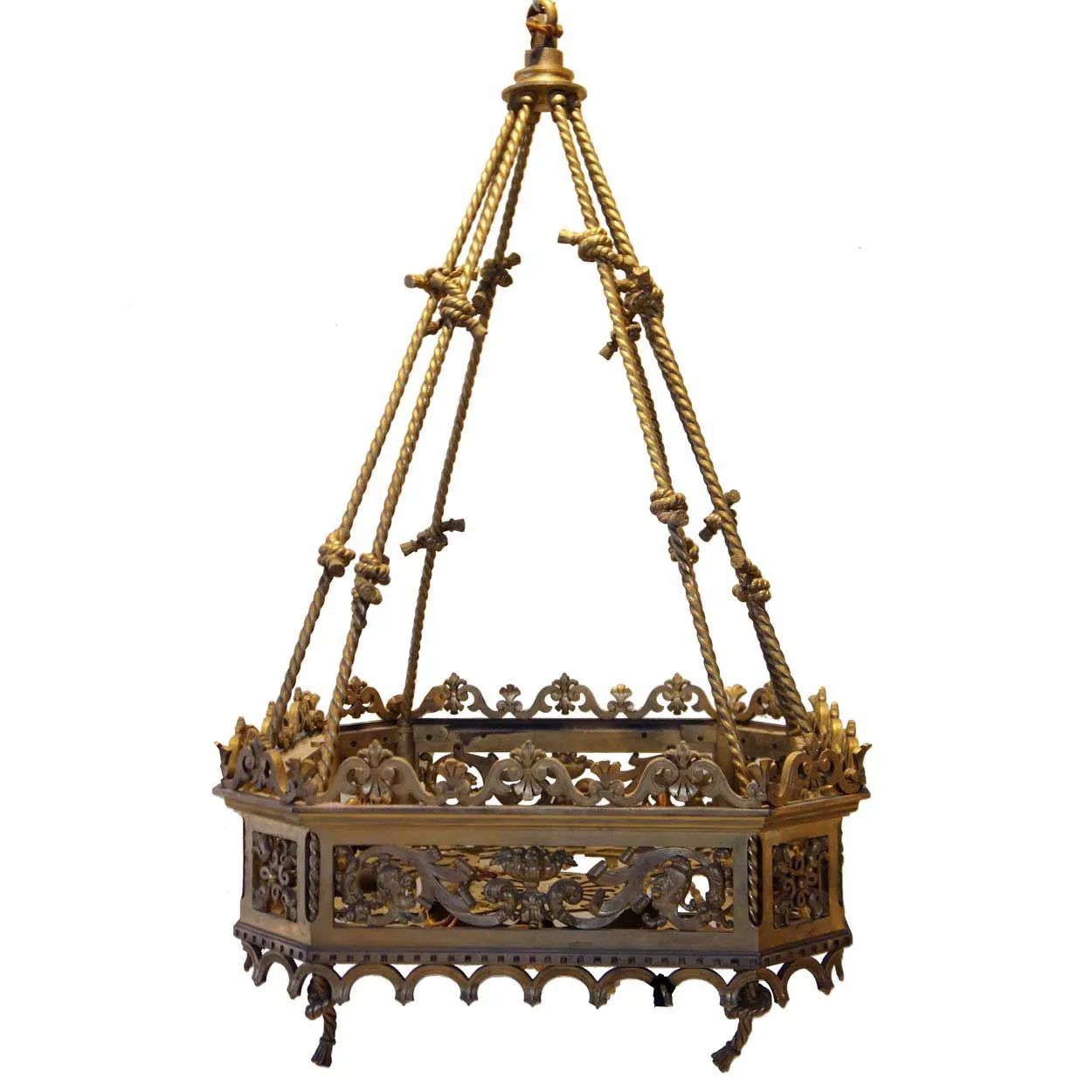 Fine Large French Gold Gilt Bronze and Beaded Hanging Eight-Light Pendant Light